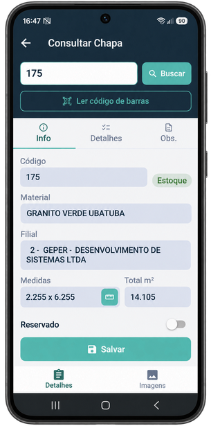 App GransoftWeb para Android com os menus Agenda, Orçamentos, Estoque e Dashboard.